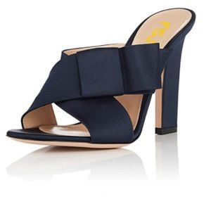 FSJ Navy  Chunky High Heels Open Toe Cross Strap Slide Sandals Bows Mules